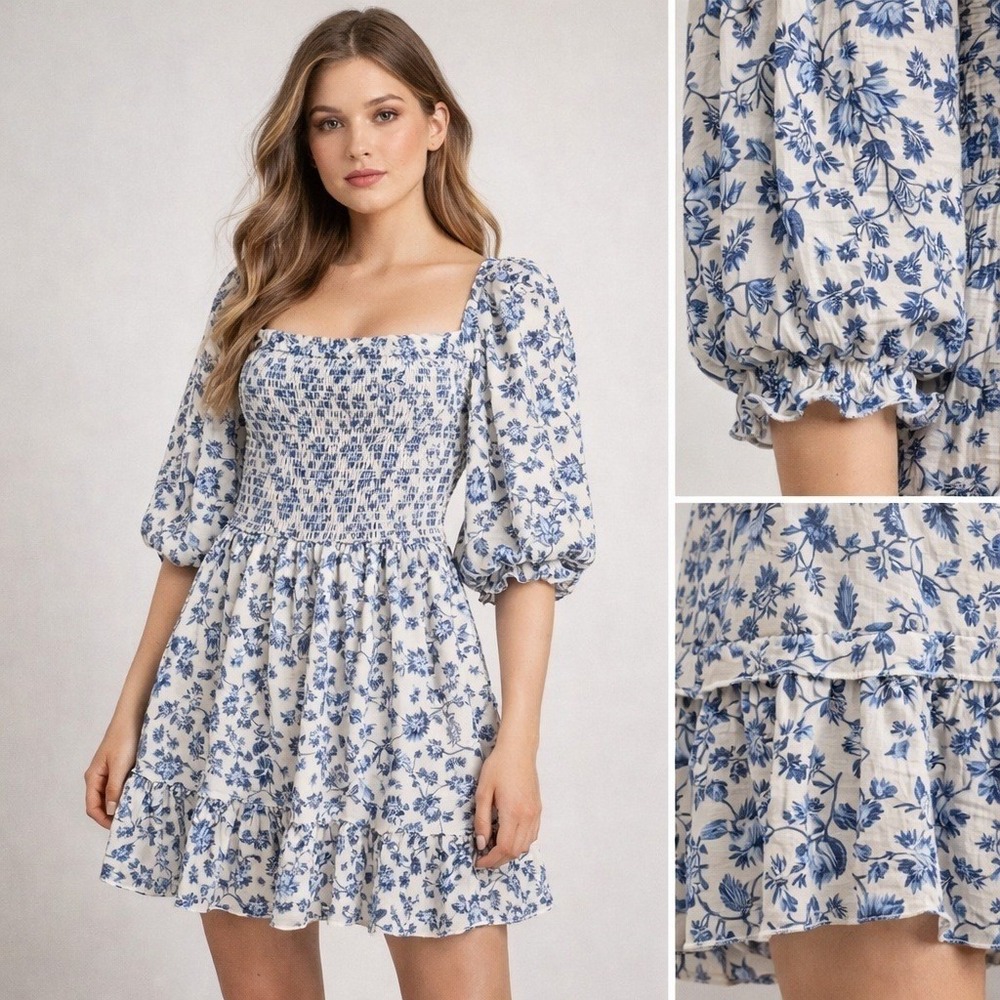 Super Natural Puff Sleeve Mini Dress L Blue Floral Smocked Peasant Cottage - Picture 1 of 15